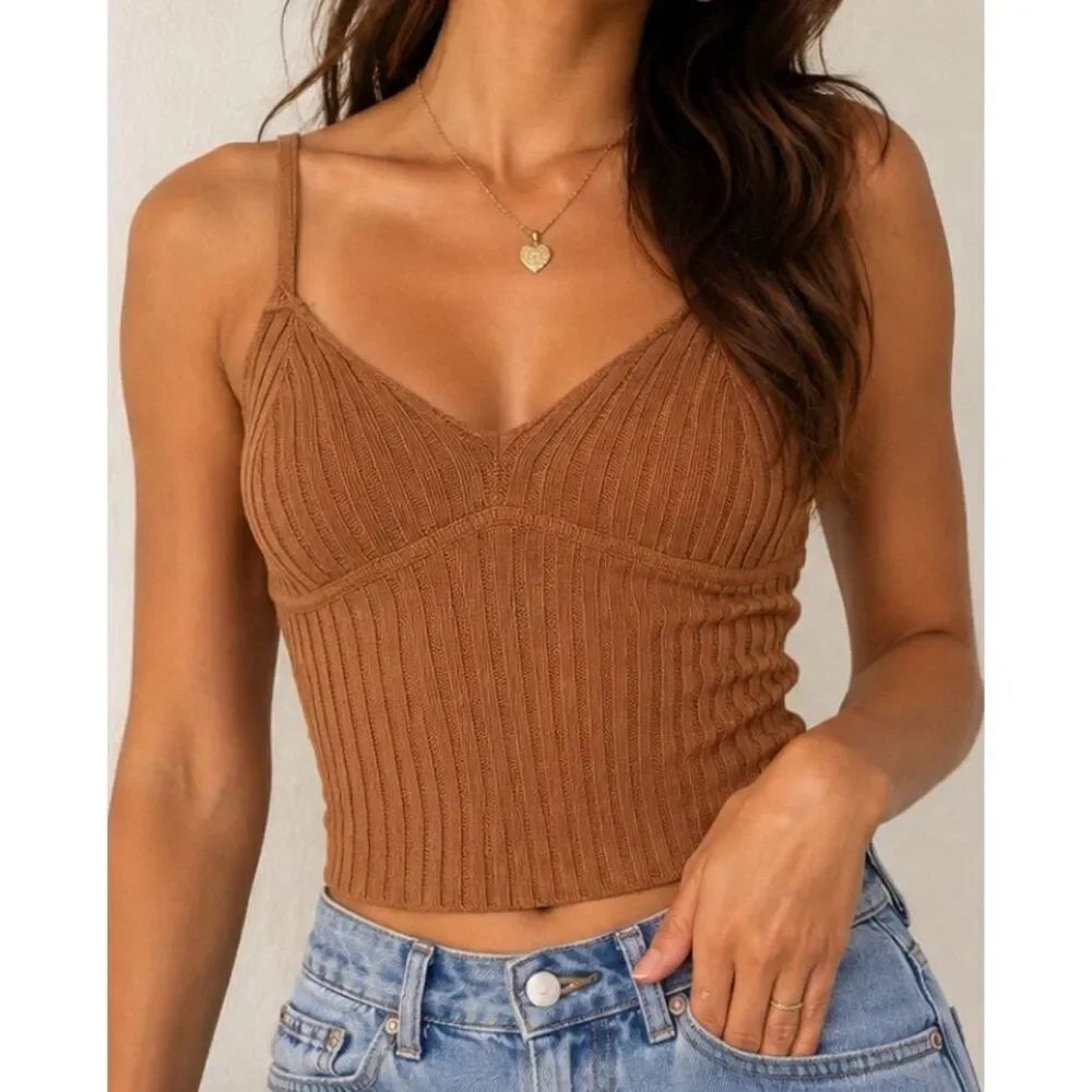 Aeropostale Ribbed Knit Cami Tank Brown Y2K Soft Girl Crop Top M